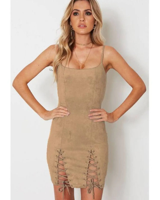 'Lace Suede' Beige Dress Hire • Size 8/10