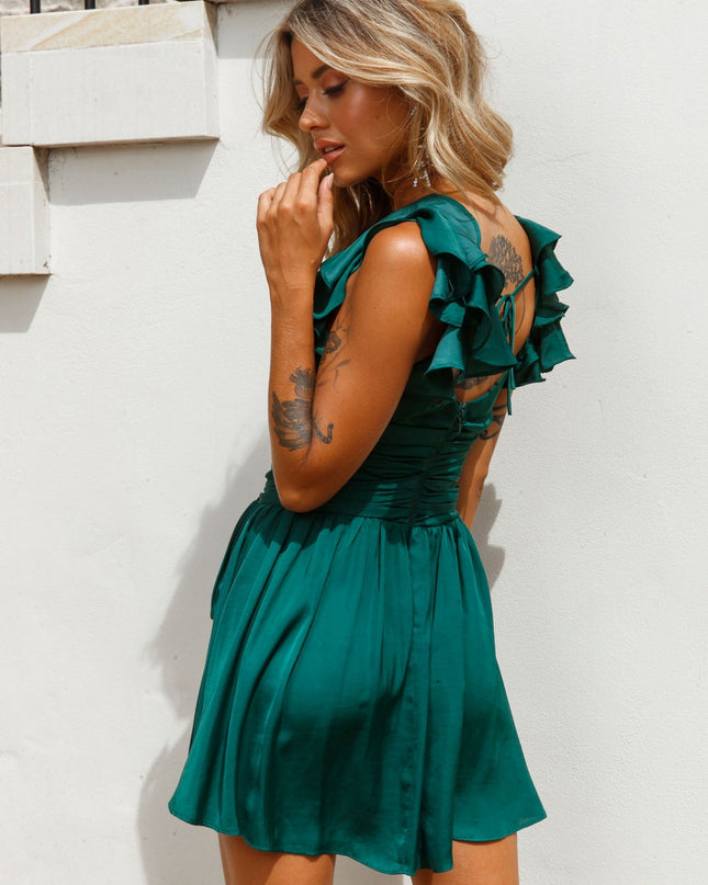 'Silk Forest' Green Dress Hire • Size 6/8