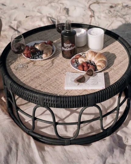 Black Rattan Low Picnic Coffee Table Hire