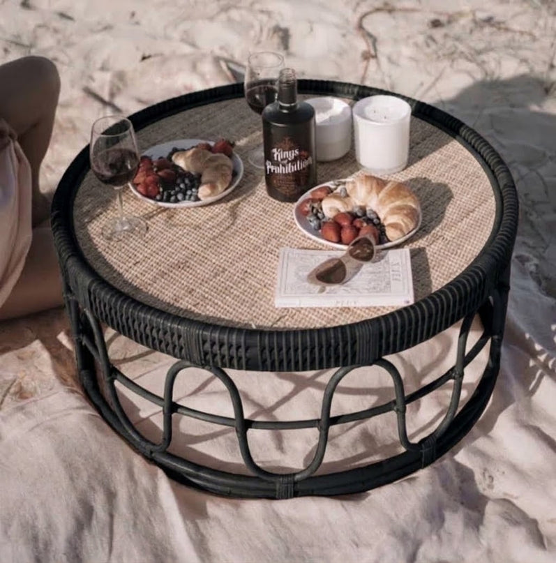 Black Rattan Low Picnic Coffee Table Hire