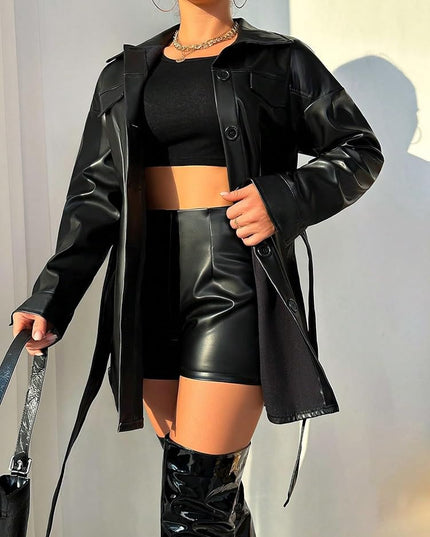 'Bonnie' Black Leather Jacket/Dress Hire • Size 8/10